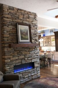 Stacked stone fireplace